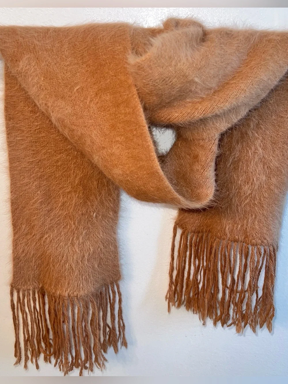 Women’s  Angora Rabbit Fur Scarf Neutral Classic camel fringe 58”x6”
